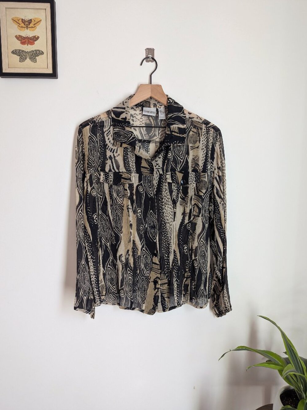 Vintage Chico's Button Down Silk Shirt Women's Green Black Pattern Size L